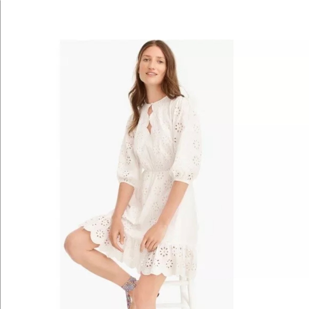 J Crew NEW Womens XS White Eyelet Cold Shoulder Tie Waist Scalloped Dress